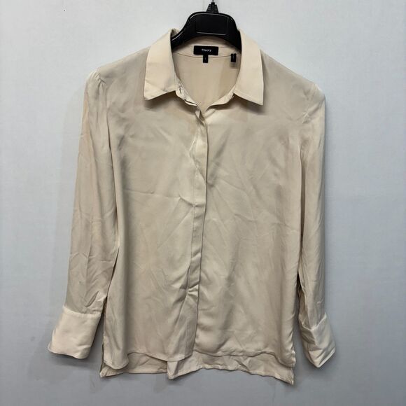 Theory Women Long Sleeve 100% Silk Blouse Top Button Shirt Size Large C040 -26 - Picture 1 of 13